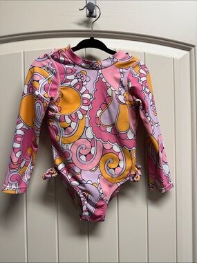 Shade Critters Long Sleeve Rash Guard Swimsuit - Pink & Yellow Retro Print